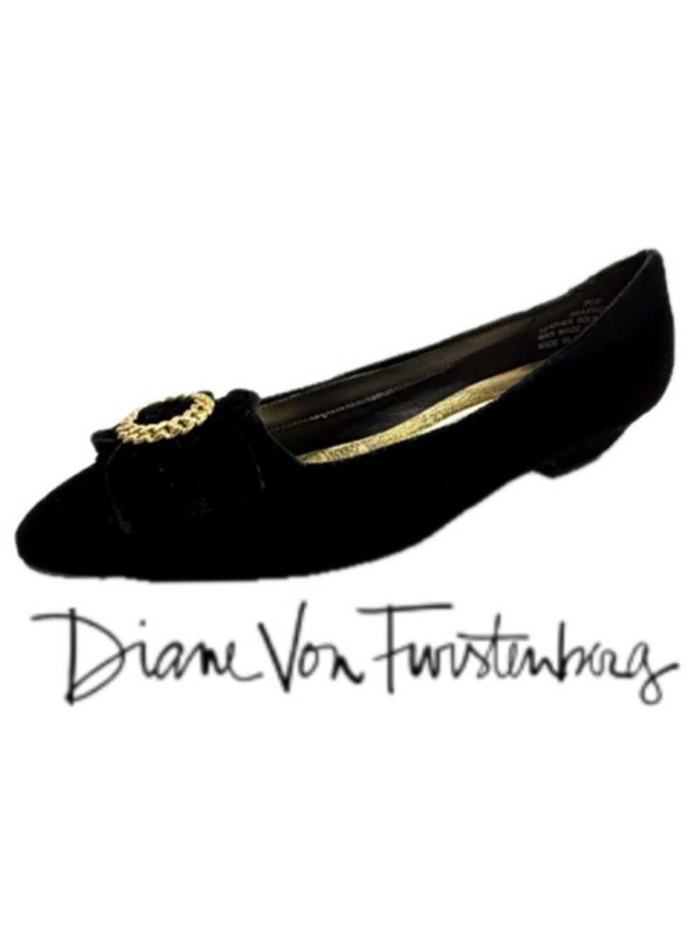 Vintage DVF DIANE VON FURSTENBERG Black Velvet Bow Gold Heel Pump Shoe 80s New